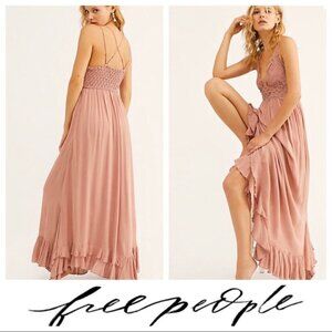 Free People One Adella Maxi Slip Ruffle Dress Smocked Dusty Pink XS